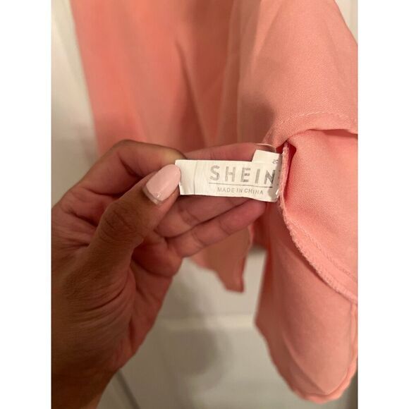 Shein Peach Pink Square Neck Ruffle Shoulder Mini Bow Back Dress XS - Picture 4 of 4